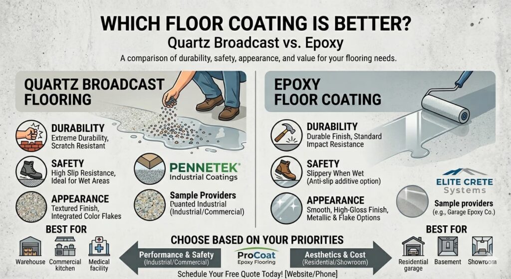 Quartz vs. Epoxy floor coating comparison infographic.